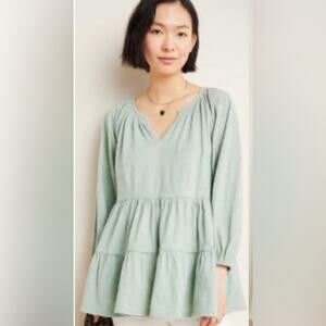 Maeve by Anthropologie Green Isola Tiered V-Neck Babydoll Top Blouse Size XS